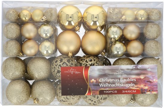 Christmas Gifts Kerstballen Set Goud - 100 Kunststof Kerstballen - Verschillende Afwerkingen - Ø 3/4/6 cm - Merkloos