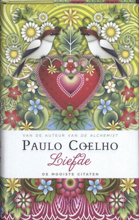 Boekomslag met twee vogels en een hart, titel 'Liefde' van Paulo Coelho, omringd door bloemen.