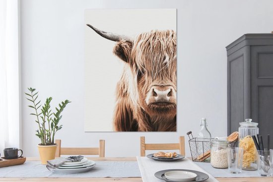 Canvas Schilderij Schotse hooglander - Koe - Wit - 90x120 cm - Wanddecoratie