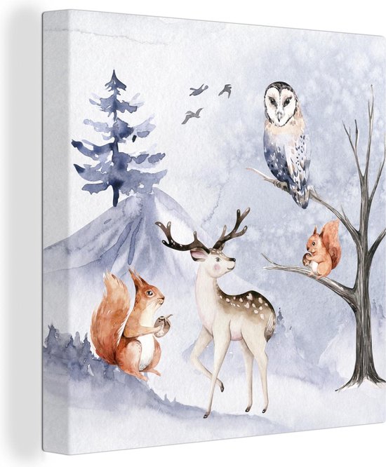 Canvas Schilderij Winter - Hert - Eekhoorn - Boom - 50x50 cm - Wanddecoratie