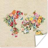 Poster Wereldkaart - Bloemen - Vlinder - Bruin papier - 75x75 cm