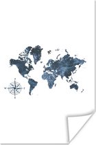 Poster Wereldkaart - Kompas - Glitter - 20x30 cm