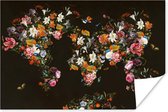 Poster Wereldkaart - Bloemen - Vlinder - Zwart - 30x20 cm