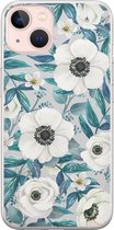 iPhone 13 hoesje siliconen - Witte bloemen - Soft Case Telefoonhoesje - Bloemen - Transparant, Blauw