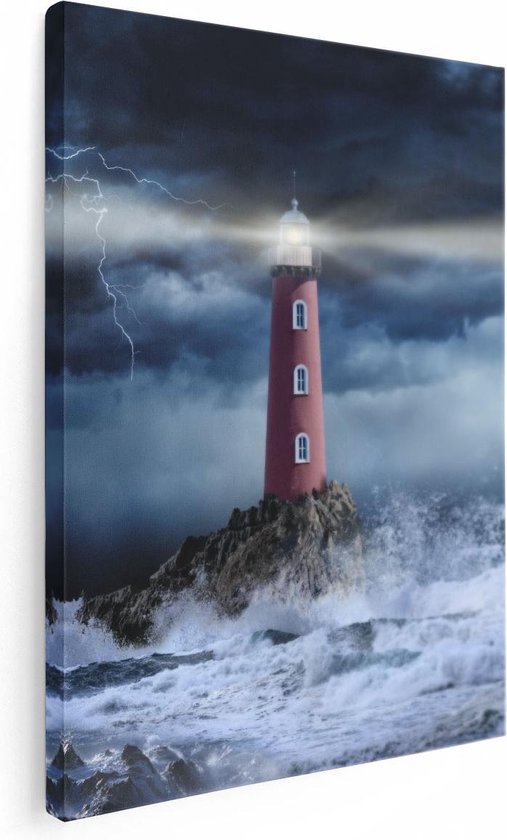 Artaza Canvas Schilderij Vuurtoren op een Storm Zee met Golfen Water - 30x40 - Klein - Foto Op Canvas - Canvas Print