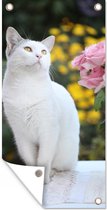 Wanddecoratie buiten Kat - Rozen - Boeket - 80x160 cm - Tuindoek - Buitenposter