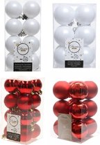 Kerstversiering kunststof kerstballen kleuren mix rood/ winter wit 4 en 6 cm pakket van 80x stuks