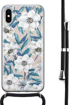 iPhone X/XS hoesje met koord - Bloemen / Floral blauw | Apple iPhone Xs crossbody case | Zwart, Transparant | Bloemen