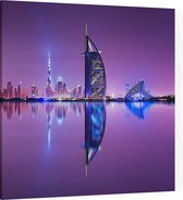 Burj Al Arab en skyline in de waterspiegel van Dubai - Foto op Canvas - 60 x 60 cm