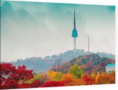 De Namsan Seoul Tower achter een herfstdecor in Korea - Foto op Canvas - 150 x 100 cm