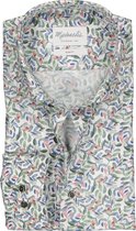 Michaelis Slim Fit overhemd - mouwlengte 7 - groen - blauw - rood en wit bladeren dessin - Strijkvriendelijk - Boordmaat: 38