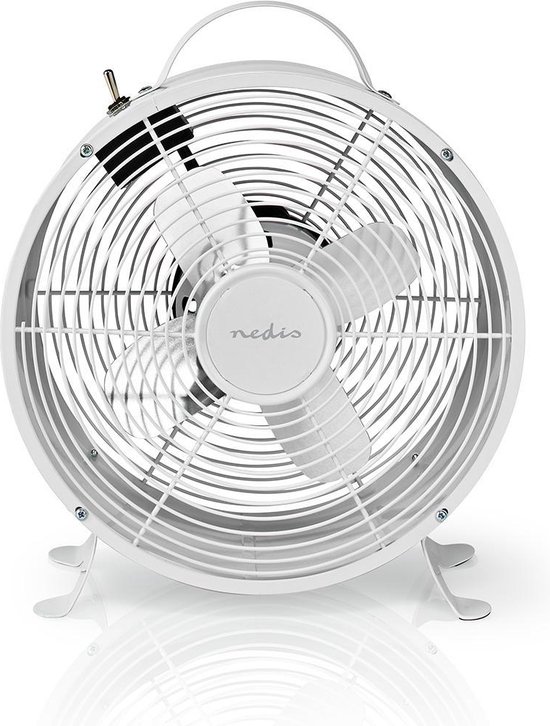 Nedis Retro Tafelventilator 25 cm 20W Metalen Ventilator 2 Snelheden Wit Met Handvat en Antislipvoet