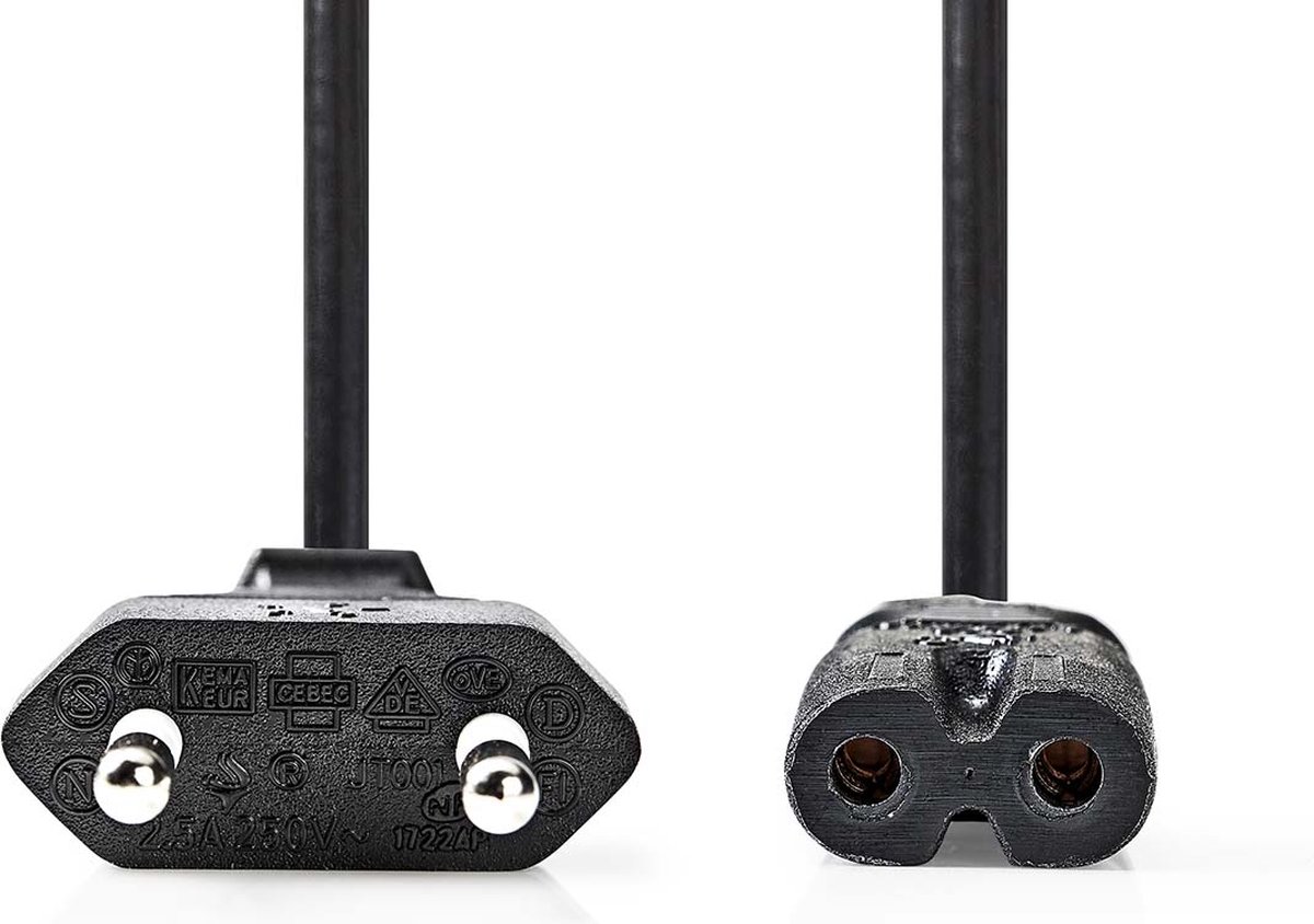 Nedis Stroomkabel - Euro Male - IEC-320-C7 - Recht - Recht - Vernikkeld - 2.00 m - Plat - PVC - Zwart - Doos