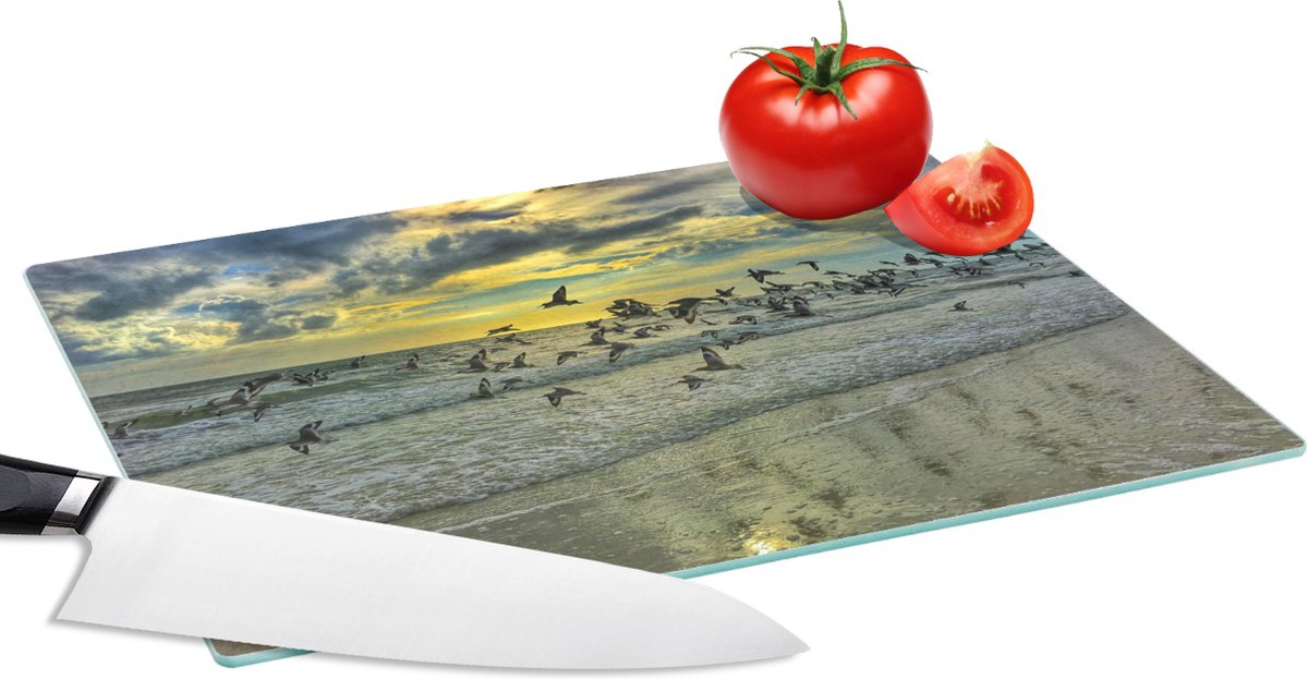 Glazen Snijplank - 28x20 - Strand - Vogels - Zon - Snijplanken Glas