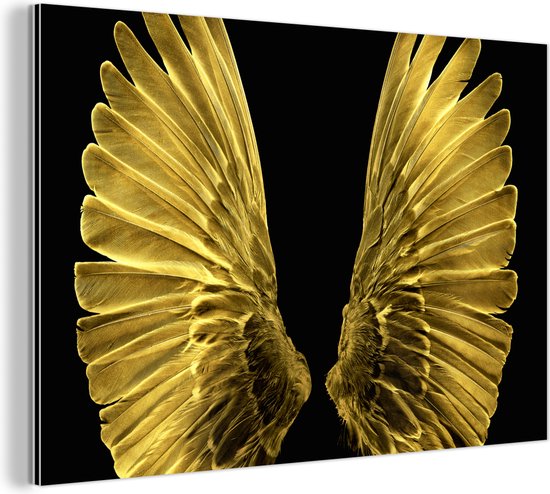 Wanddecoratie Metaal - Aluminium Schilderij Industrieel - Gouden vleugels op een zwarte achtergrond - 30x20 cm - Dibond - Foto op aluminium - Industriële muurdecoratie - Voor de woonkamer/slaapkamer
