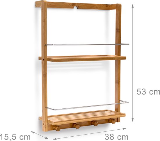doucherek bamboe - met 2 etages - 53 x 38 x 15,5 cm - flaconhouder - met 4 handdoekhaken