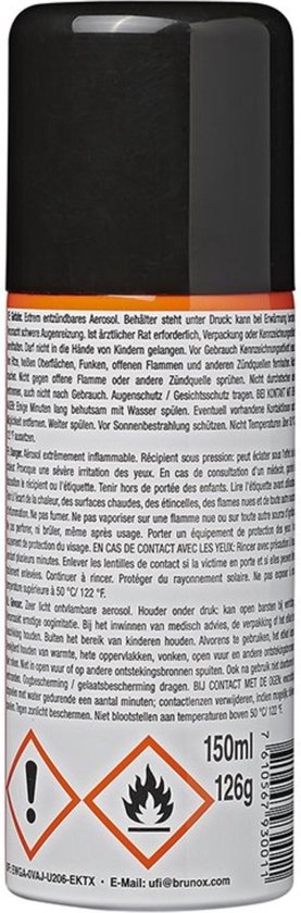 Achterkant van een spuitbus met waarschuwingssymbolen, 150ml 126g.