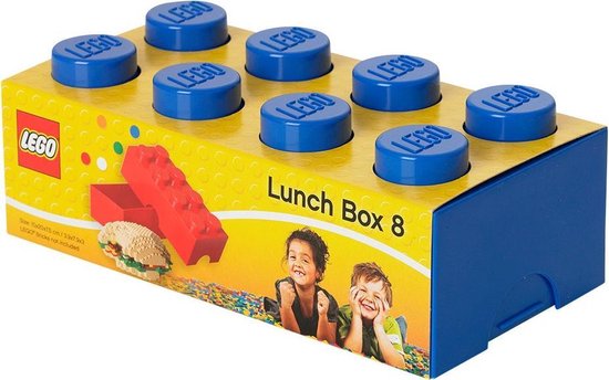 Blauwe LEGO lunchbox 'Lunch Box 8' met gele opdruk, in de vorm van een steen met 8 noppen.