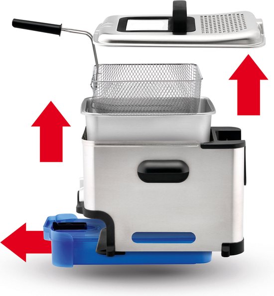 Zilveren Tefal friteuse met rode pijlen die de onderdelen aanduiden die omhoog komen.