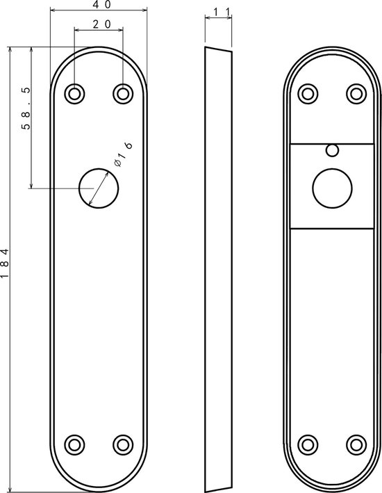 Technische tekening: ovaal deurschild 184x40 mm met sleutelgat.