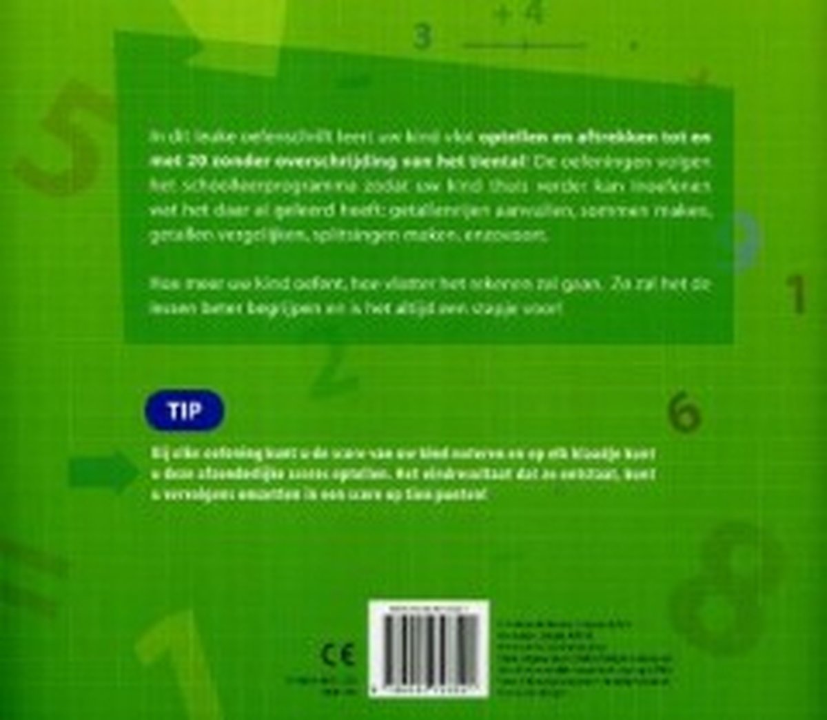 Groene omslag met grote cijfers. De tekst beschrijft een oefenschrift voor rekenen 6-7 jaar. Inclusief ISBN en CE-keurmerk.