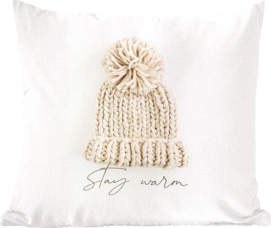Sierkussens - Kussentjes Woonkamer - 50x50 cm - Muts - Winter - Wit - Kerstversiering - Kerstdecoratie voor binnen - Woonkamer