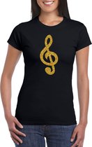 Gouden muziek noot G-sleutel / muziek feest t-shirt / kleding - zwart - voor dames - muziek shirts / muziek liefhebber / outfit S