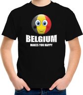 Belgium makes you happy landen t-shirt Belgie met emoticon - zwart - kinderen - Belgie landen shirt met Belgische vlag - EK / WK / Olympische spelen outfit / kleding S (122-128)