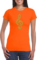 Gouden muzieknoot G-sleutel / muziek feest t-shirt / kleding - oranje - voor dames - muziek shirts / muziek liefhebber / outfit XS