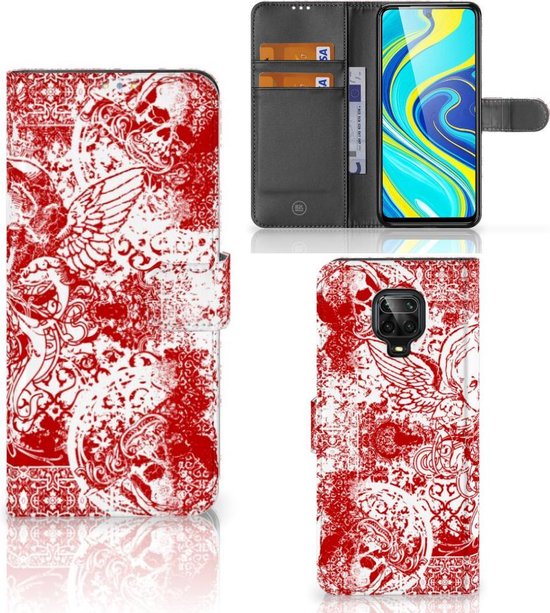 Coque Téléphone Xiaomi Redmi Note 9 Pro | Note 9S Housse en Cuir Premium Flip Case Portefeuille Etui pour Ange Crâne Rouge