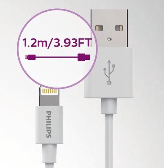 Philips Lightning Ladekabel - 1,2 Meter, Universal Lightning USB