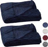 Relaxdays 2 x fleece deken groot - plaid – woondeken - grand foulard 150x200 – donkerblauw