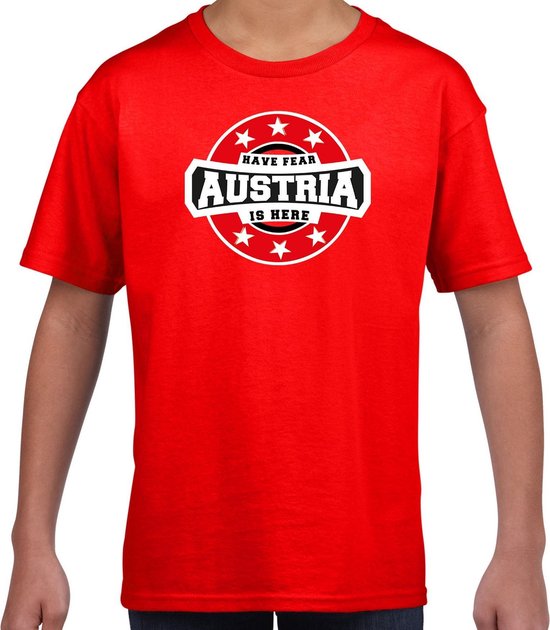 Have fear Austria is here t-shirt met sterren embleem in de kleuren van de Oostenrijkse vlag - rood - kids - Oostenrijk supporter / Oostenrijks elftal fan shirt / EK / WK / kleding 122/128