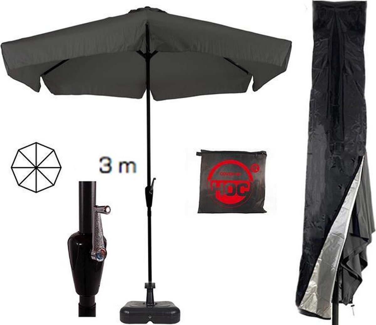 Parasol + Parasolvoet + Parasolhoes ( Grijs / Antraciet - vulbare  parasolvoet - CUHOC... | bol.com