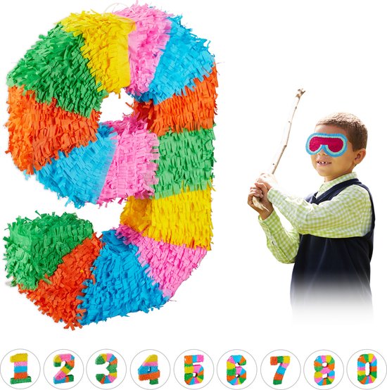 Relaxdays pinata verjaardag getal - piñata zelf vullen - getallen van 0 tot 9 - gekleurd - 9