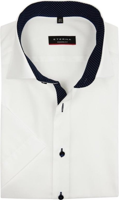 ETERNA modern fit overhemd - korte mouw - heren overhemd fijn Oxford - wit (blauw gestipt contrast) - Strijkvrij - Boordmaat: 40