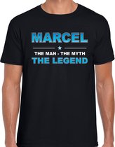 Naam cadeau Marcel - The man, The myth the legend t-shirt  zwart voor heren - Cadeau shirt voor o.a verjaardag/ vaderdag/ pensioen/ geslaagd/ bedankt M
