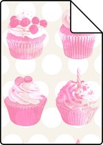 Proefstaal ESTAhome behang cupcakes op glanzende stip roze - 138723 - 26,5 x 21 cm