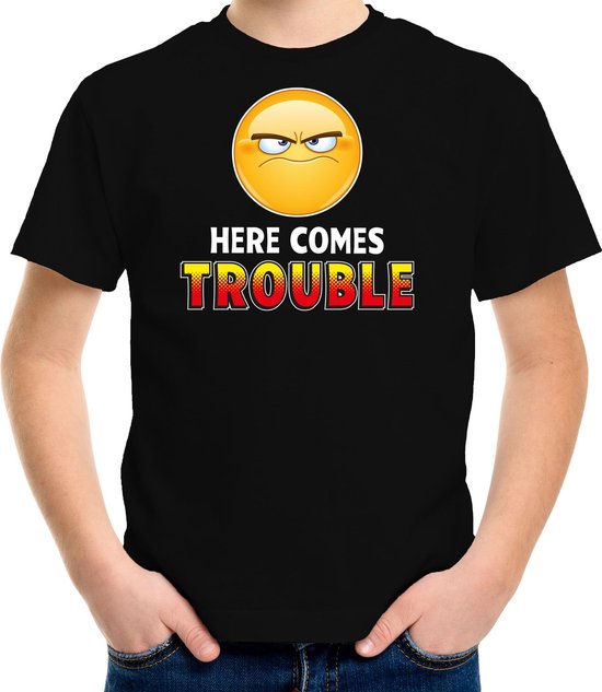 Funny emoticon t-shirt Here comes trouble zwart voor kids - Fun / cadeau shirt 122/128