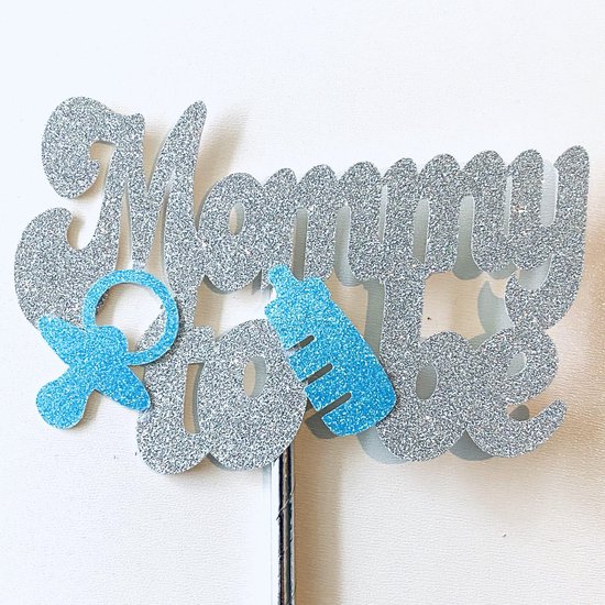 Taartdecoratie versiering| Taarttopper| Cake topper |Baby| Mommy To Be| Zilver glitter| Blauw 14 cm| karton