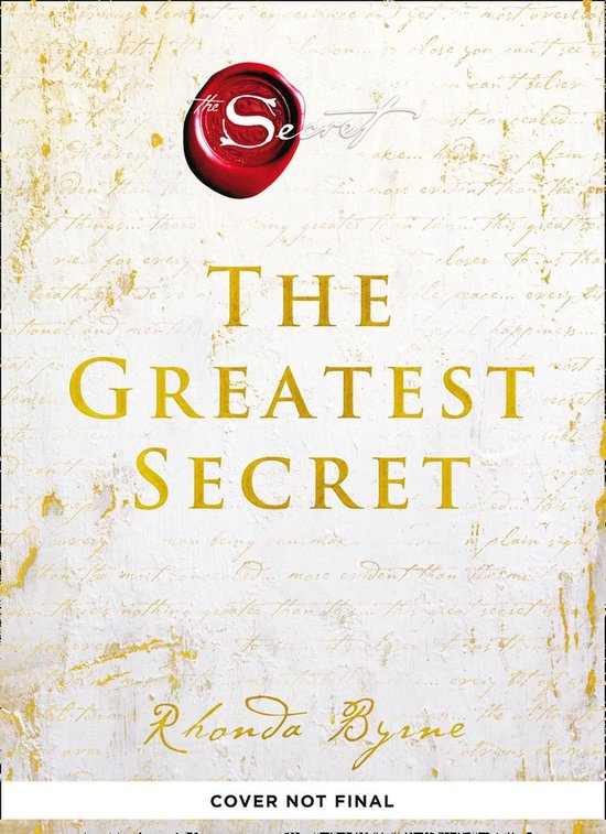 Boek kaft met de titel 'The Greatest Secret' in goudkleurige letters, auteur Rhonda Byrne.
