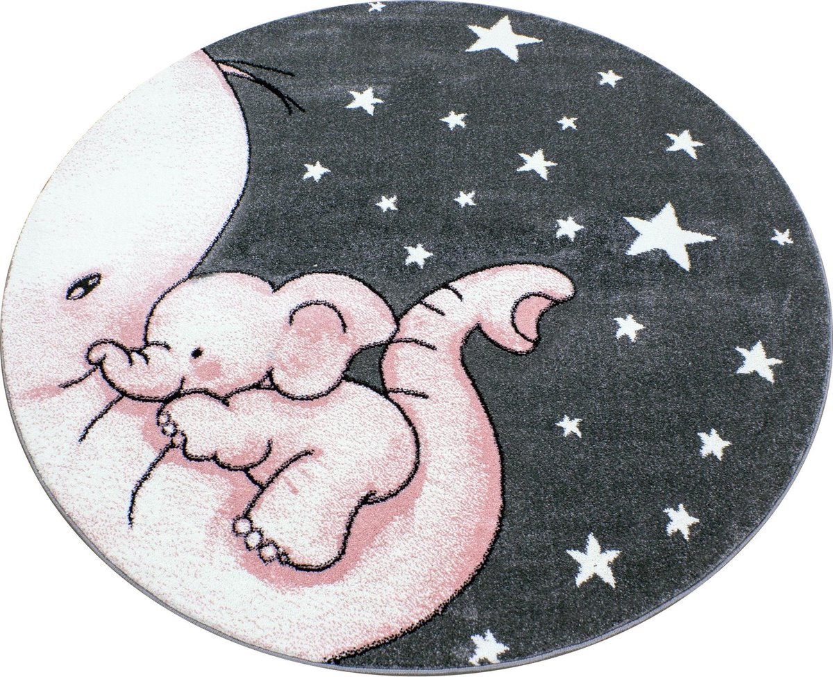 Vloerkleed kinderkamer - Baby Olifant - roze - rond 160 cm