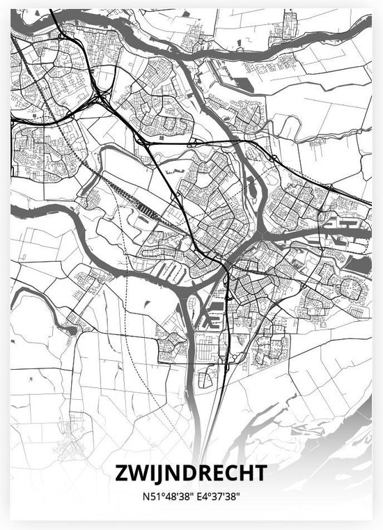 Zwijndrecht plattegrond - A4 poster - Zwart witte stijl