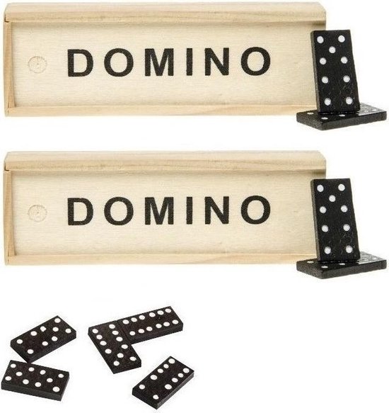 Thumbnail van een extra afbeelding van het spel 3x Domino spellen in houten kistjes - 15 x 5 x 3 cm - 84x dominostenen/steentjes