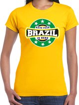 Have fear Brazil is here t-shirt met sterren embleem in de kleuren van de Braziliaanse vlag - geel - dames - Brazilie supporter / Braziliaans elftal fan shirt / EK / WK / kleding S
