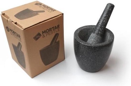 Granieten vijzel en stamper met doos met "MORTAR & PESTLE" opdruk.