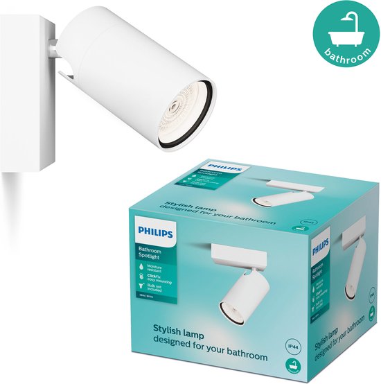 Spot blanc Philips pour salle de bain avec emballage, résistant aux éclaboussures IP44.