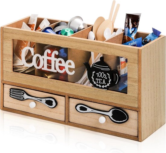 Foto: Koffie organizer bar rustieke koffiestation organizer voor werkblad houten koffiestation accessoires organizer met 2 lades voor koffiehoek