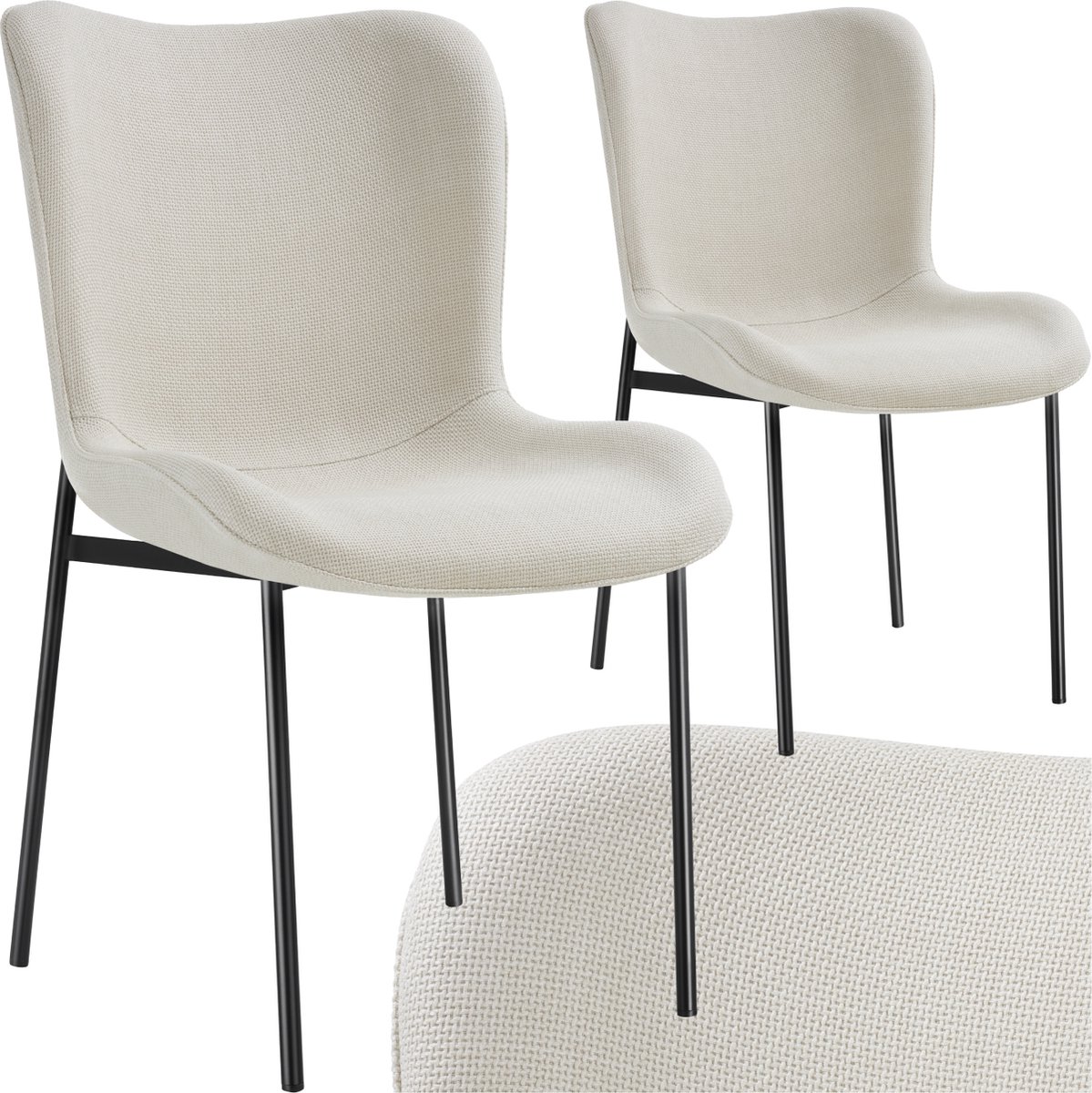 tectake® Gestoffeerde stoel - Eetkamerstoel - Geweven stof - Ergonomische vorm - Hoge rugleuning - Draagkracht 120 kg - Diverse kleuren - Set van 2 - Beige/zwart
