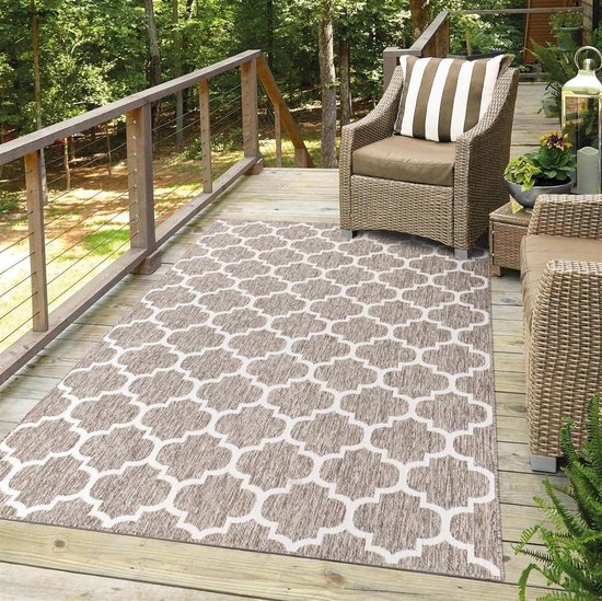 Tapis extérieur tissé plat - terrasse et balcon - motif géométrique moderne - beige - tapis extérieur 80/150 cm